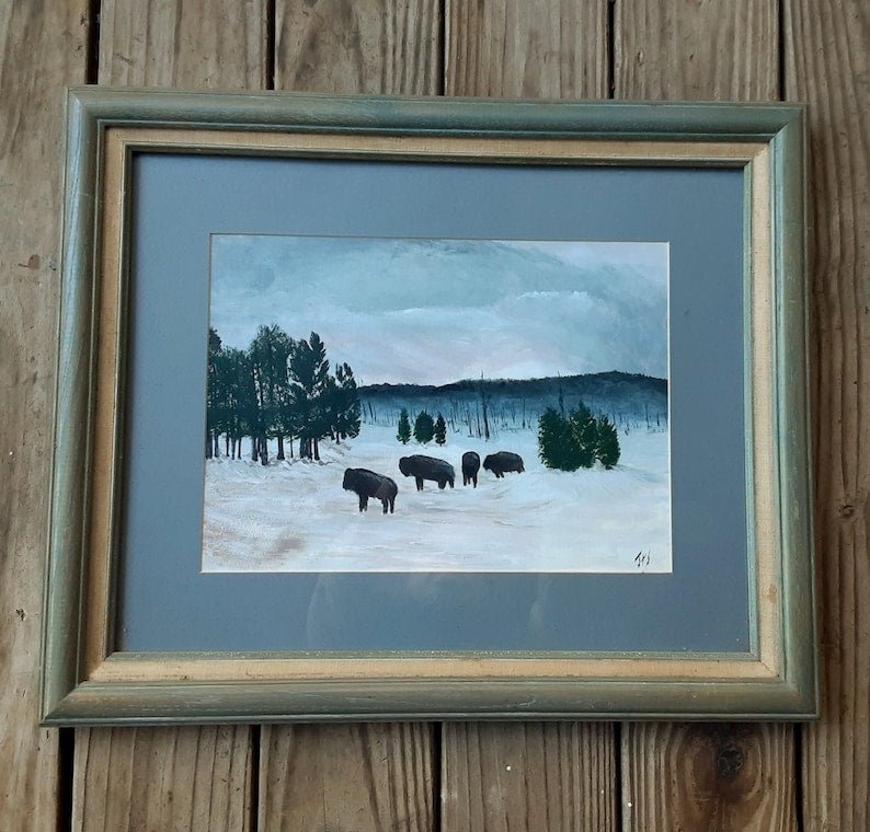 American Buffalo - Bison Watercolor Framed And Matted - Bazzy's