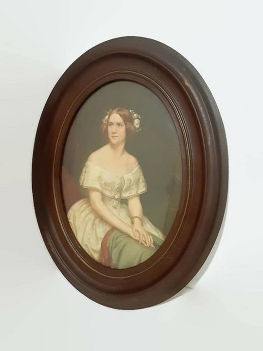 Antique Walnut Framed Portrait of " Jenny Lind" Opera Singer - Oval Glass Front Walnut Frame - Bazzy's