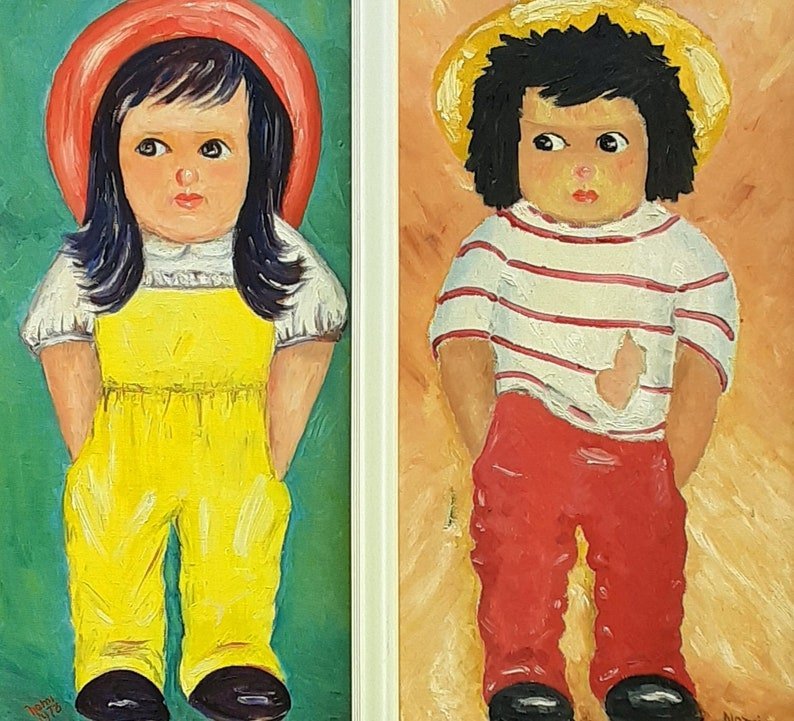 Big Eye Children Folk Art Painting - Mid Century - Bazzy's