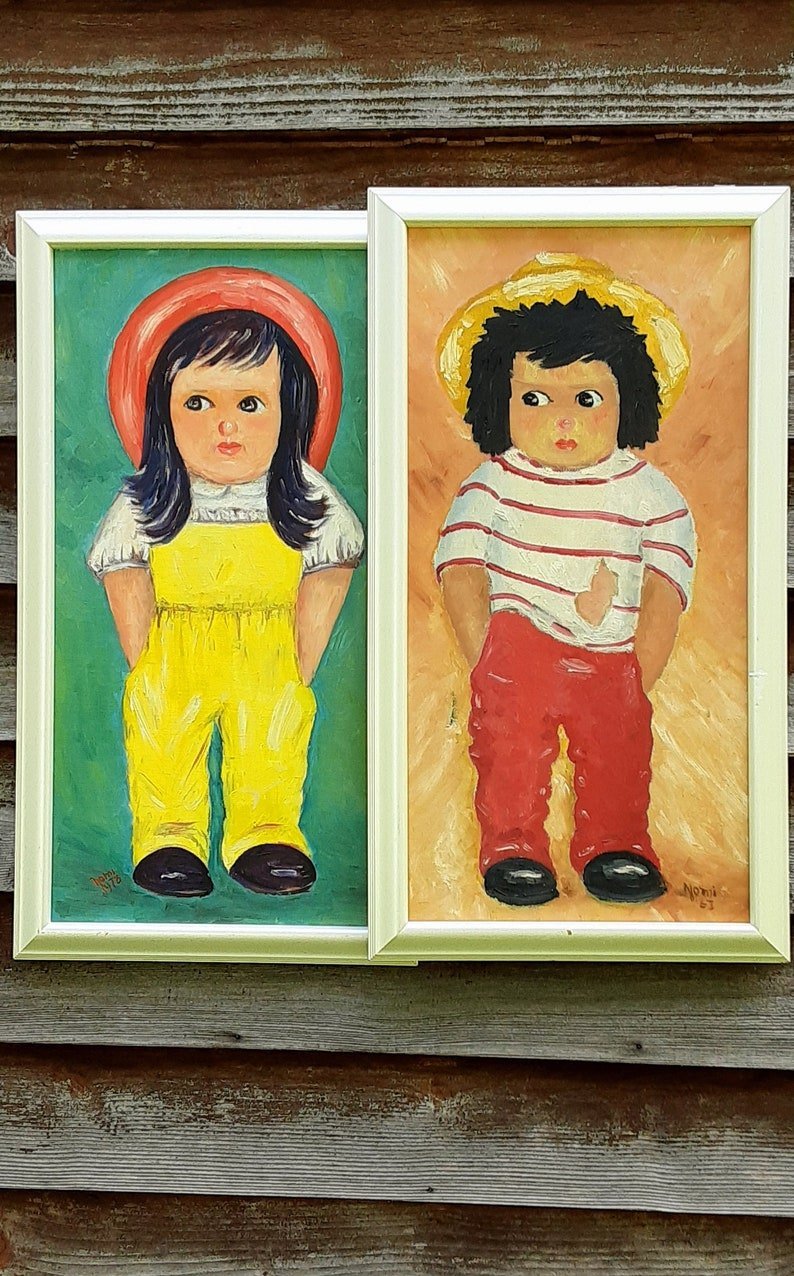 Big Eye Children Folk Art Painting - Mid Century - Bazzy's