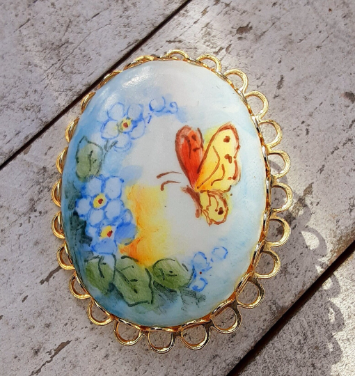 Hand Painted Butterfly And Violet Brooch