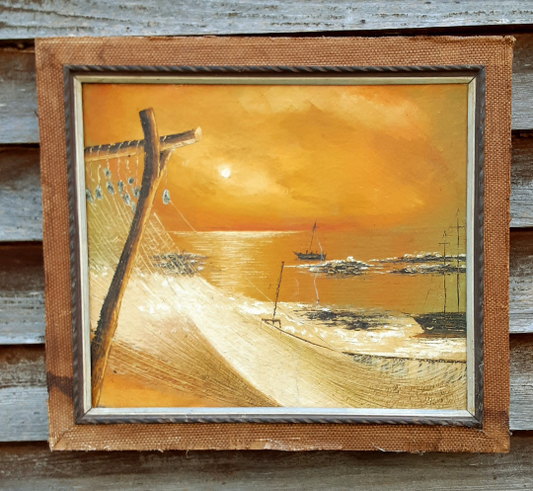 Vintage Oil On Canvas Seascape - Hammock By The Ocean