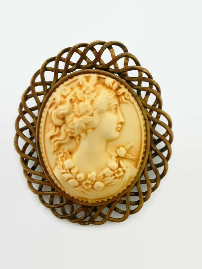 Victorian Era Twisted Brass Celluloid Cameo - Goddess Pomona Relief