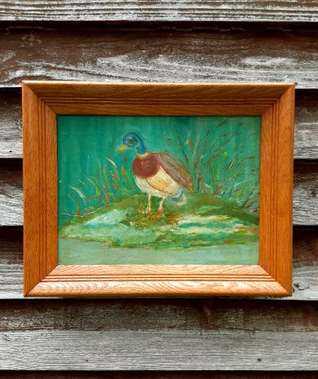 Folk Art Duck By Pond In Deep Well Oak Frame - Bazzy's