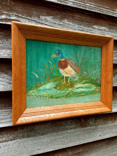 Folk Art Duck By Pond In Deep Well Oak Frame - Bazzy's