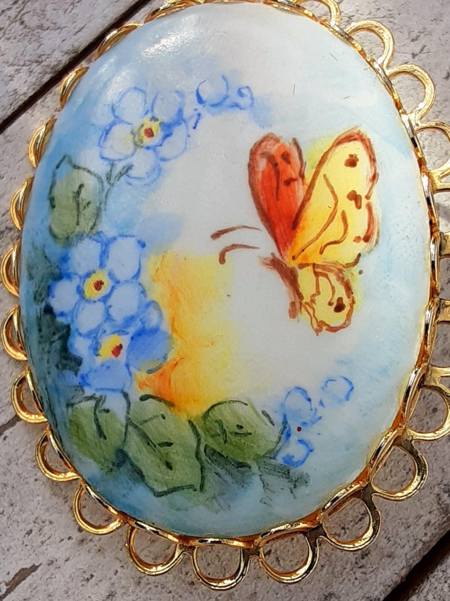 Hand Painted Butterfly And Violet Brooch