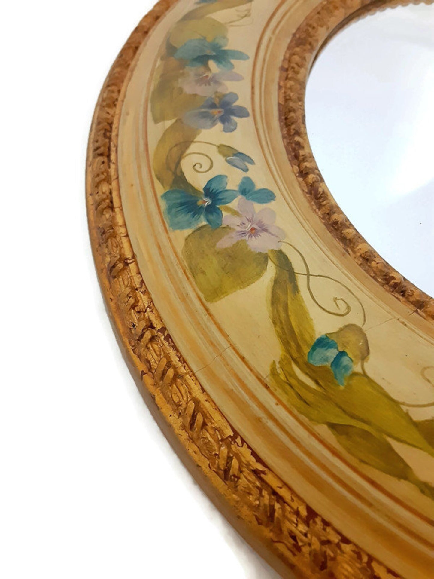 Vintage Hand Painted Oval Wall Mirror - Violets And Ribbons