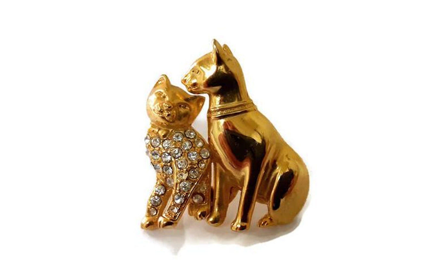 Two Gold Cats Pin - Encrusted Rhinestone Cat Brooch