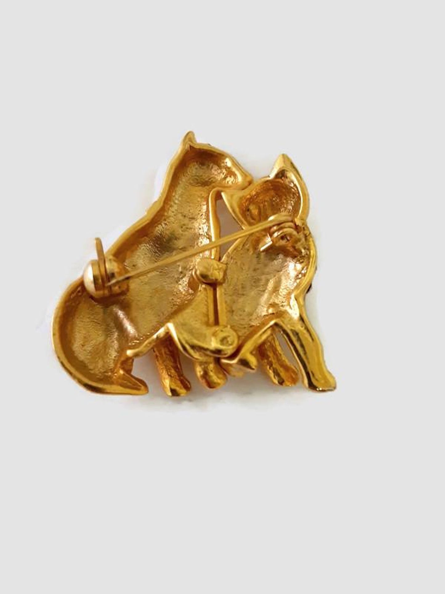 Two Gold Cats Pin - Encrusted Rhinestone Cat Brooch