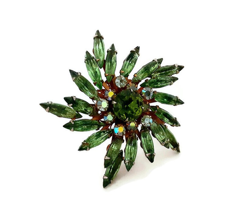 Vintage Peridot Green Rhinestone Pinwheel Brooch