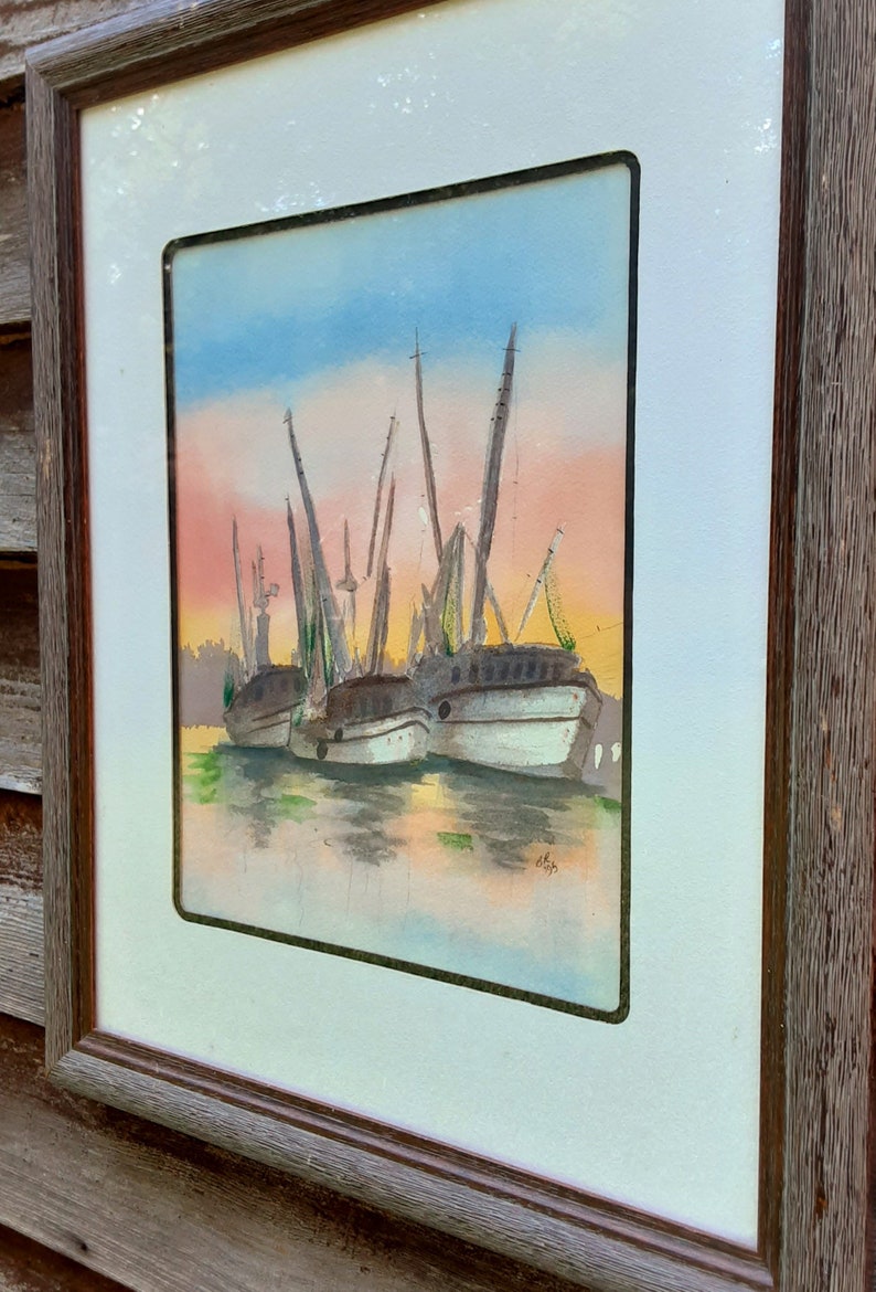 Original Pastel Watercolor Shrimp Boats In Harbor