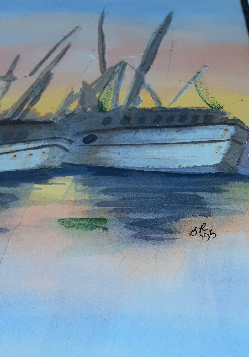 Original Pastel Watercolor Shrimp Boats In Harbor