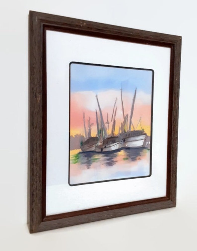 Original Pastel Watercolor Shrimp Boats In Harbor