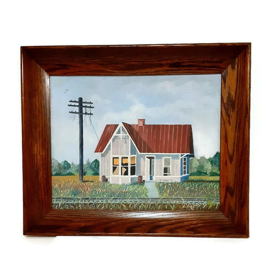 House By The Rail Road Folk Art Painting - Wooden Tiger Oak Frame - Old Train Depot