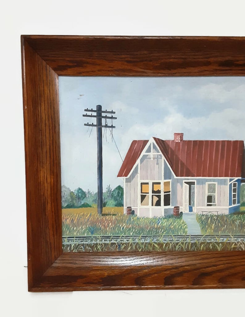 House By The Rail Road Folk Art Painting - Wooden Tiger Oak Frame - Old Train Depot