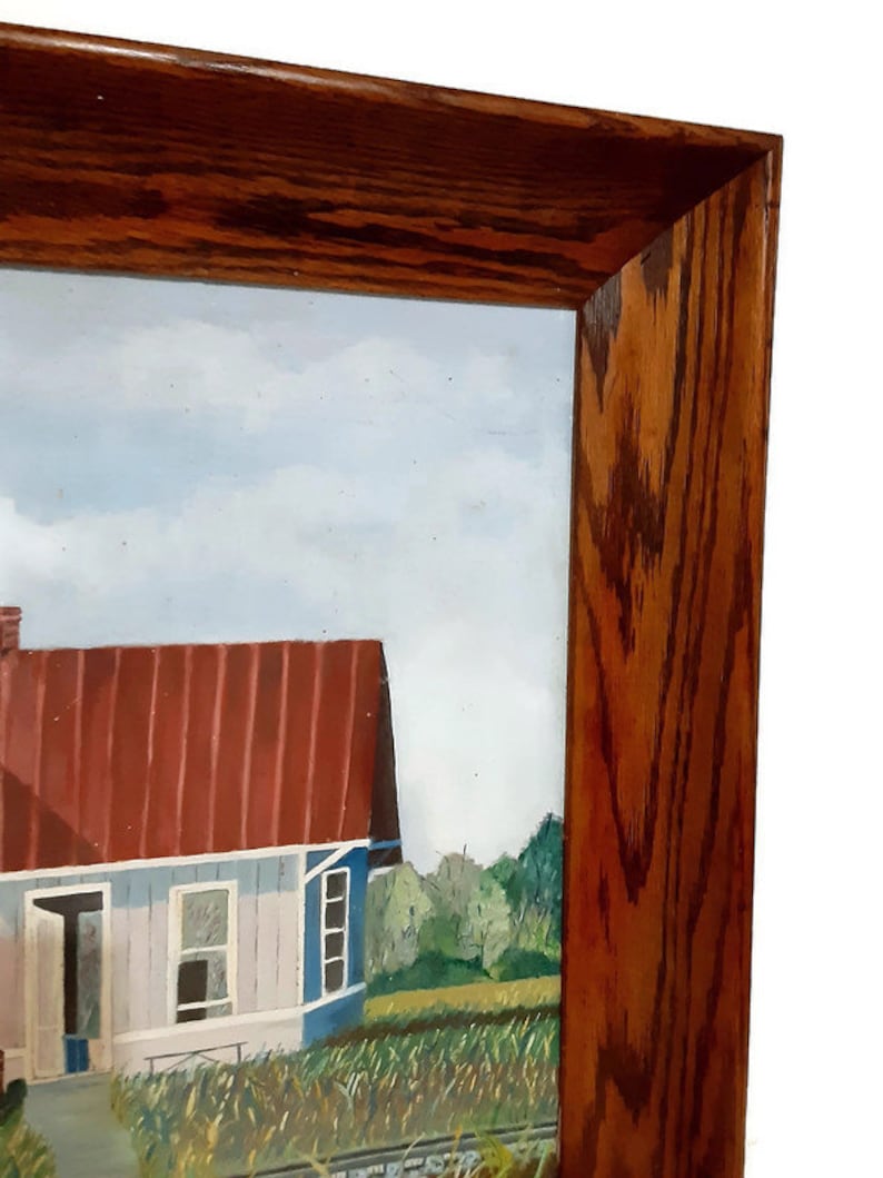 House By The Rail Road Folk Art Painting - Wooden Tiger Oak Frame - Old Train Depot