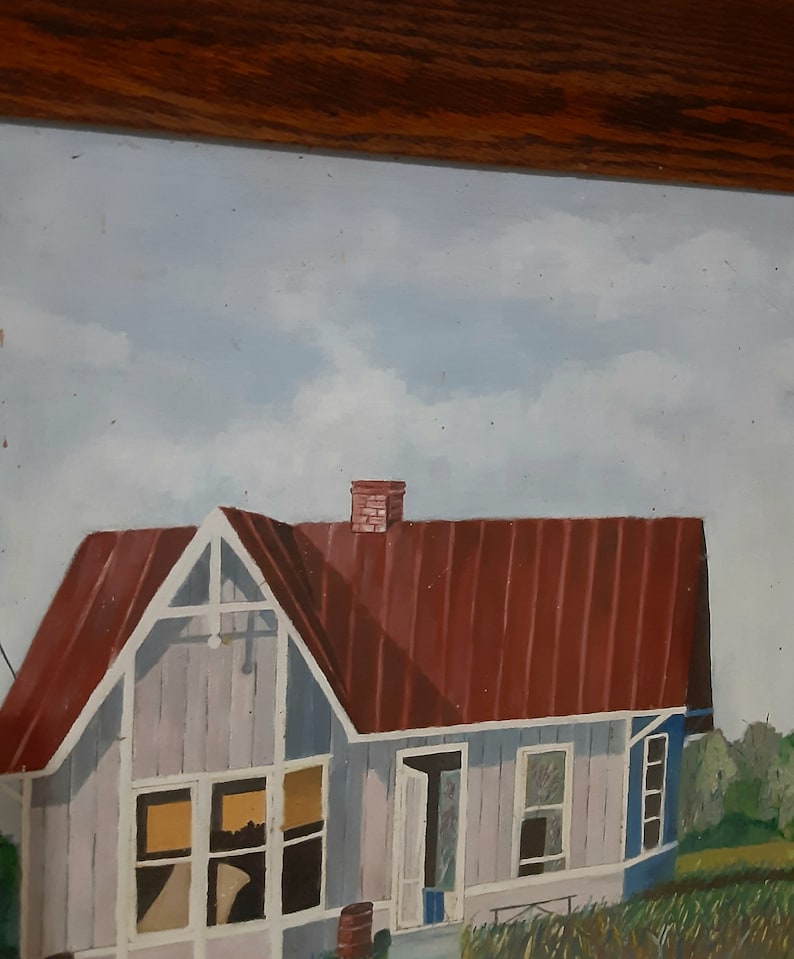 House By The Rail Road Folk Art Painting - Wooden Tiger Oak Frame - Old Train Depot