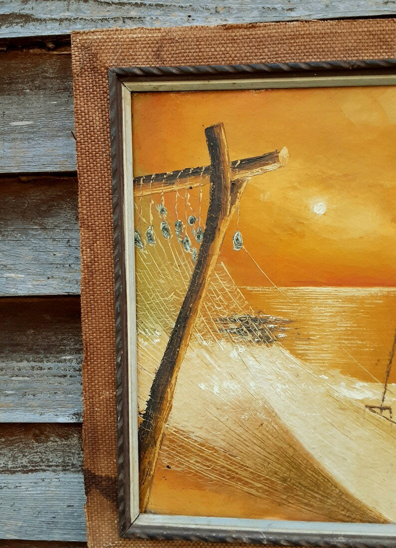 Vintage Oil On Canvas Seascape - Hammock By The Ocean