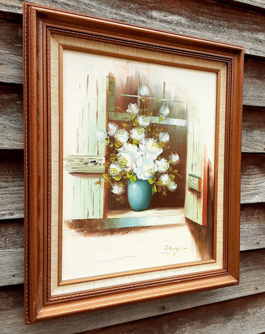 Vintage Still Life Oil Painting Signed Danny - White Roses On Windowsill