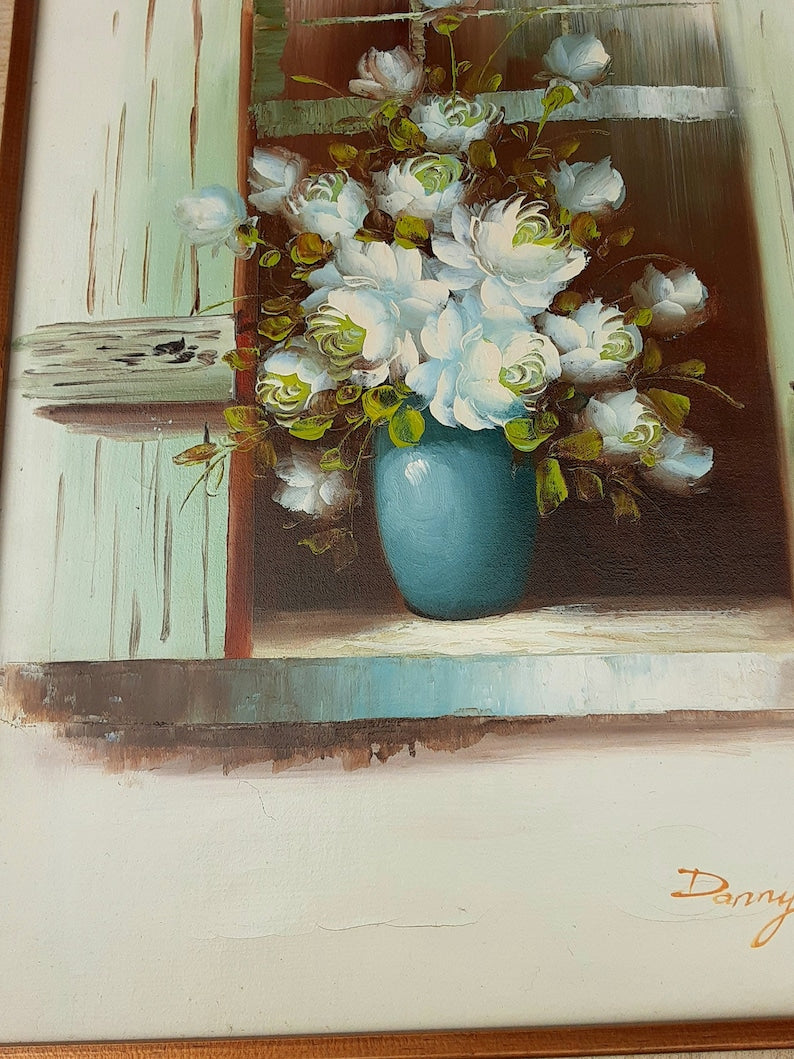 Vintage Still Life Oil Painting Signed Danny - White Roses On Windowsill