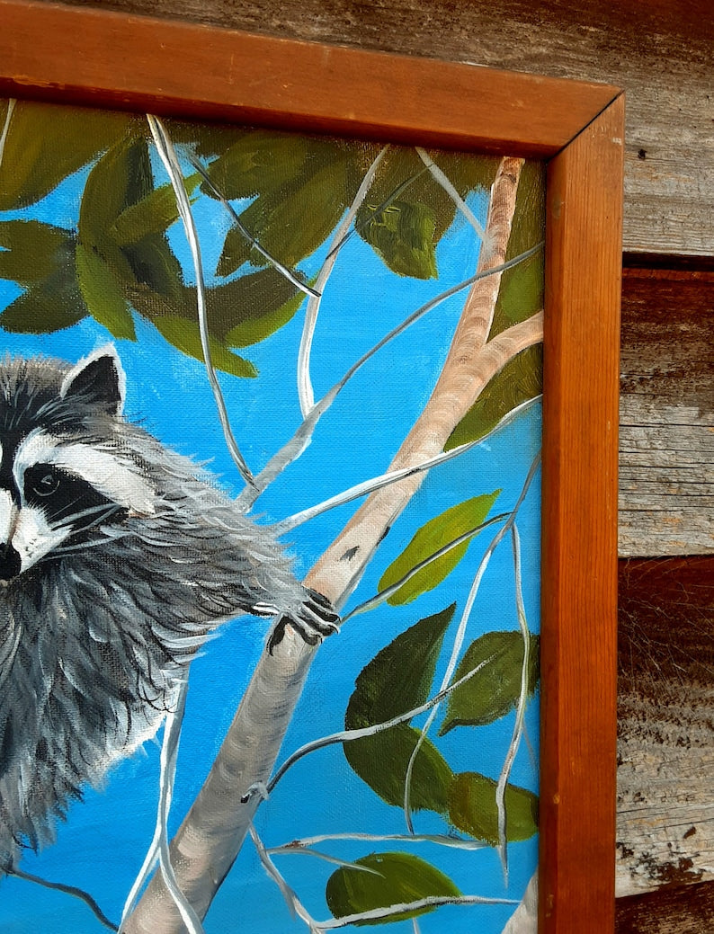 Raccoon In Tree Folk Art Painting By Beth R Welsh - Wildlife Primitive Style Art