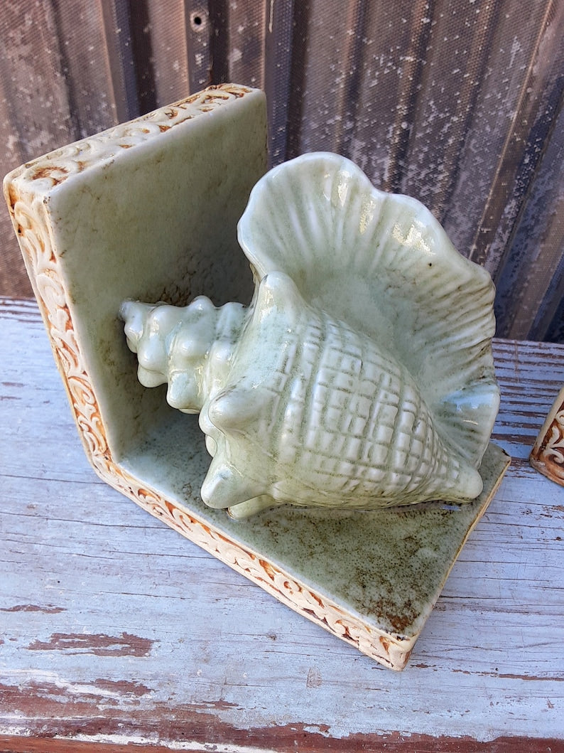 Vintage Conch Shell Bookends - Seafoam Green Book Holders