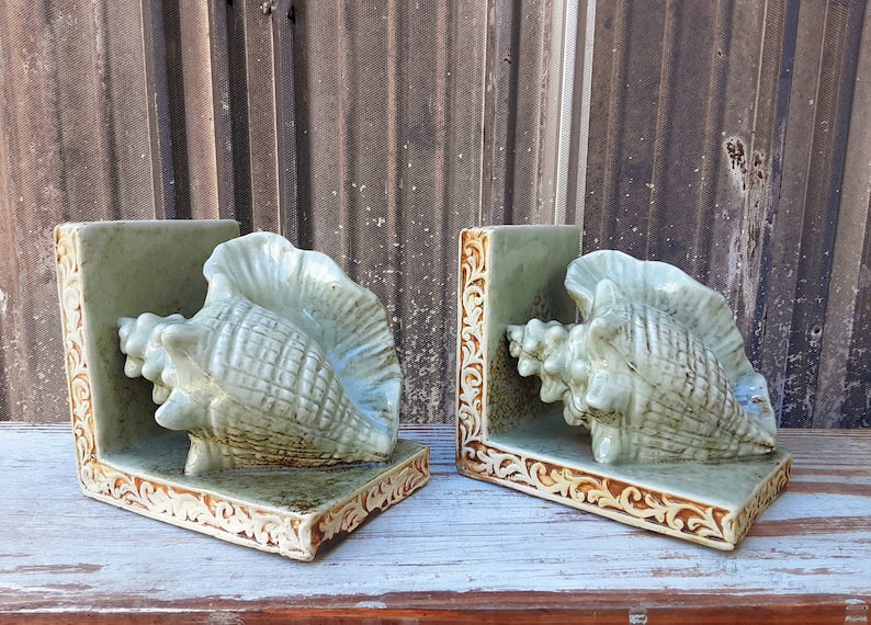 Vintage Conch Shell Bookends - Seafoam Green Book Holders