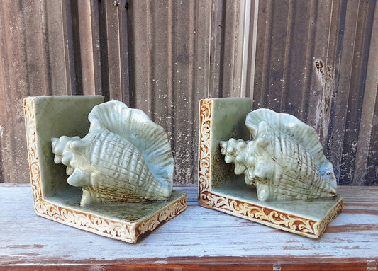 Vintage Conch Shell Bookends - Seafoam Green Book Holders