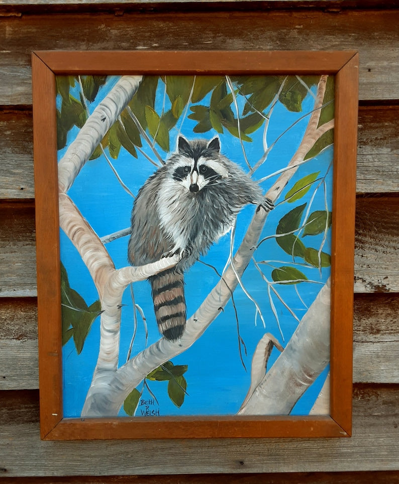 Raccoon In Tree Folk Art Painting By Beth R Welsh - Wildlife Primitive Style Art