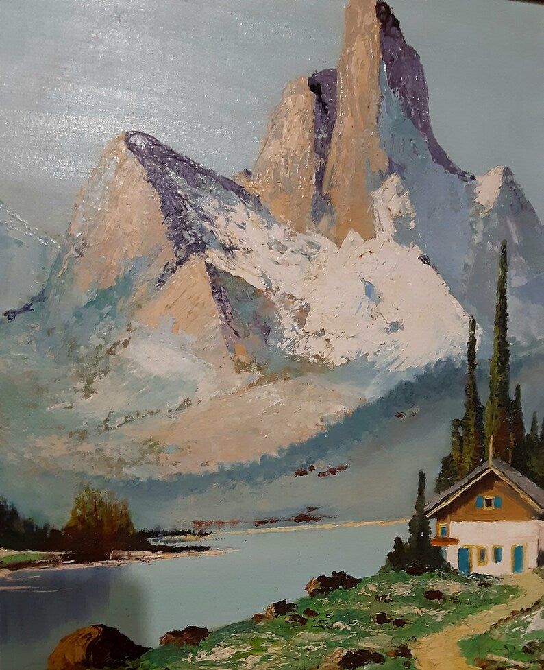 Vintage Swiss Alps Oil Painting By Mary A Johnson