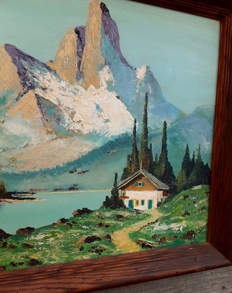 Vintage Swiss Alps Oil Painting By Mary A Johnson