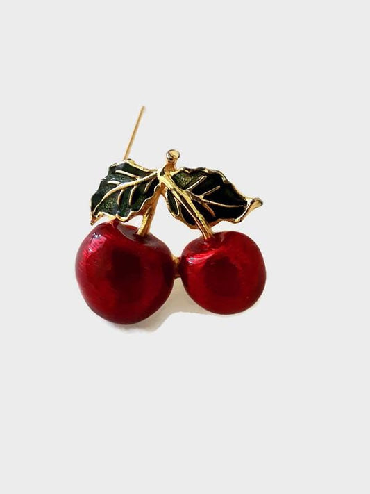 Red Cherry On Stem Enamel Brooch - Vintage Fruit Pin