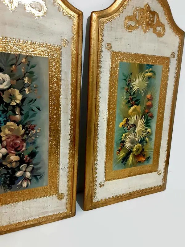 Vintage Pair Florentine Wall Panels - Italian Still Life By Roberto