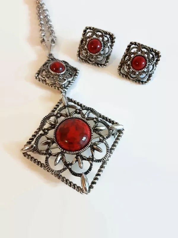 Sarah Coventry INCA FIRE Set Double Pendant Clip Earrings