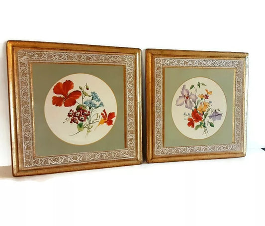 Vintage Florentine Wall Panels With Wildflower Design - Made In Italy